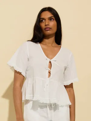 Emma Organic Cotton Broderie Detail Pyjama Top | Soft White