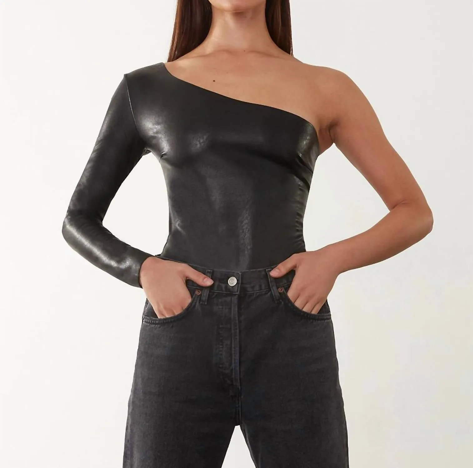 Faux Leather Long Sleeve One Shoulder Bodysuit In Black