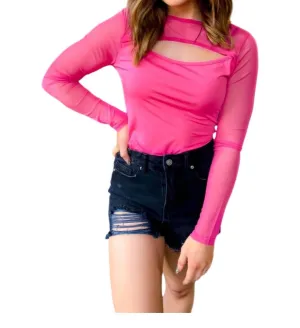 Mesh Peek-A-Boo Bodysuit In Hot Pink