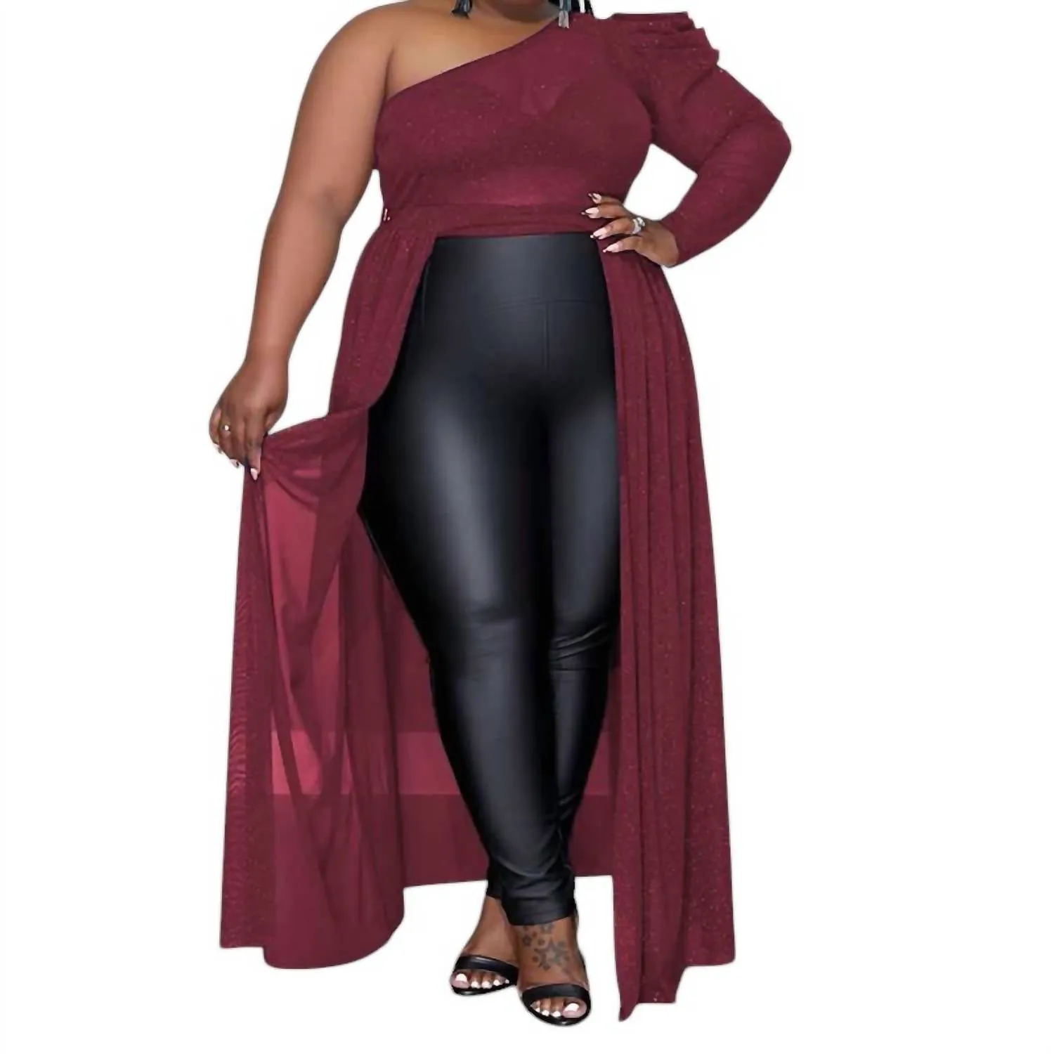 One Shoulder Tunic Blouse In Burgundy