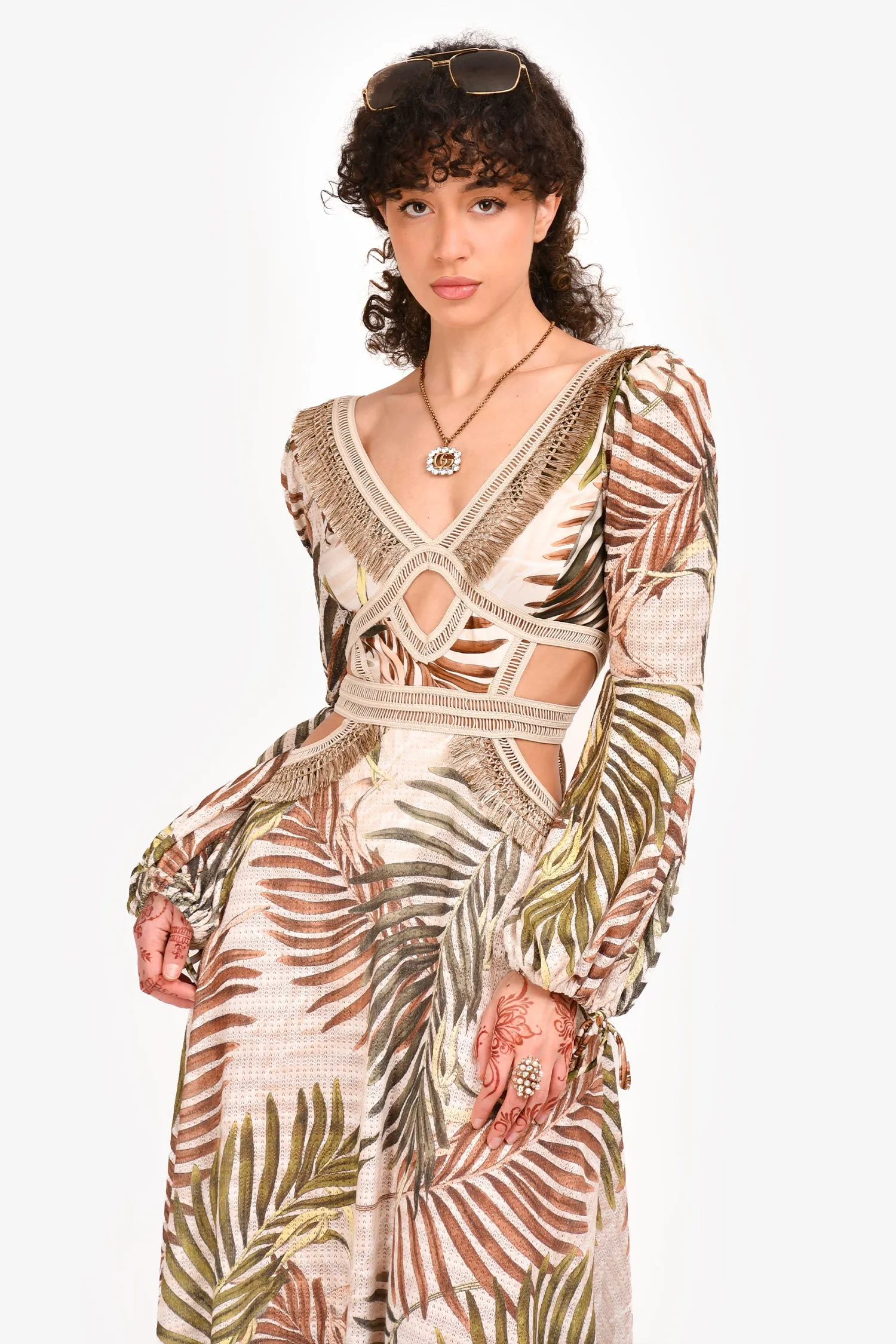 Patbo Green Palm Printed V-Neck Maxi Dress Size XS