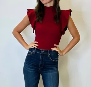 Ribbed Mock Neck Bodysuit In Burgundy