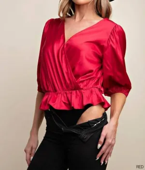 Satin Bodysuit Top In Red