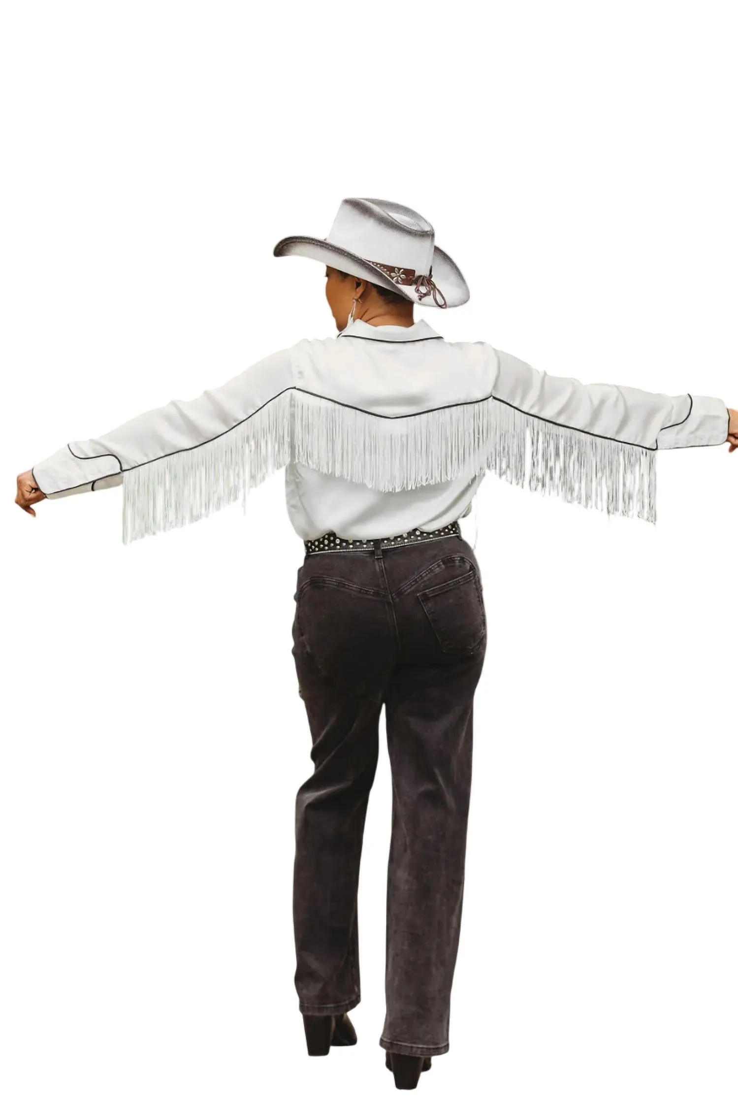 Satin Western Fringe Button-Down In White