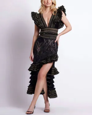 Woven Trim Plunge Bodysuit In Black